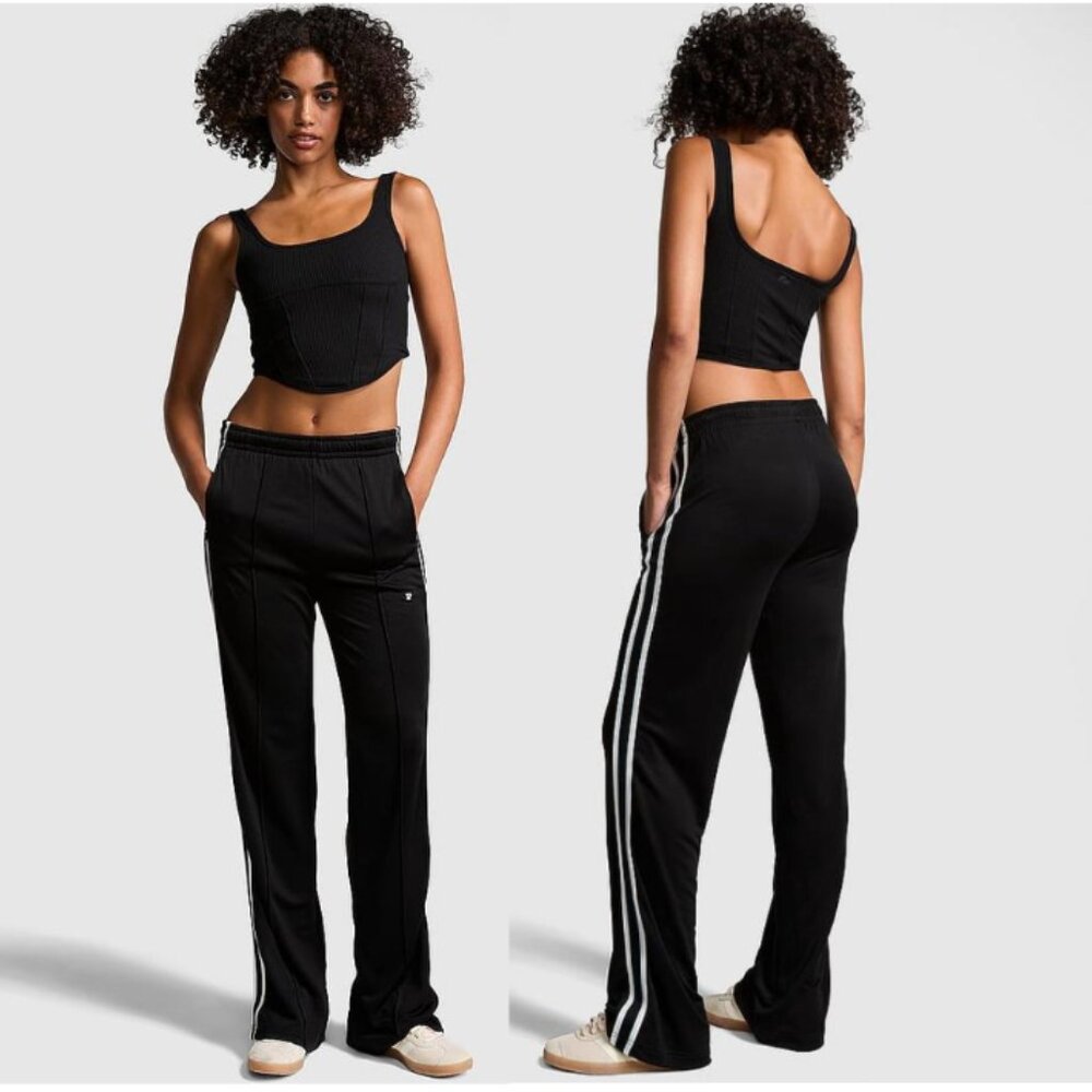 PINK Victoria's Secret Wide Leg Track Star Pant Black Stripes Size Large NWT